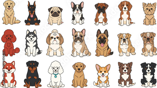 Vector Collection of 21 Popular Dog Breeds in Cute Sitting Poses Featuring Golden Retriever German Shepherd Poodle Husky French Bulldog Pug and Corgi for Pet Care Branding and Stationery Design
