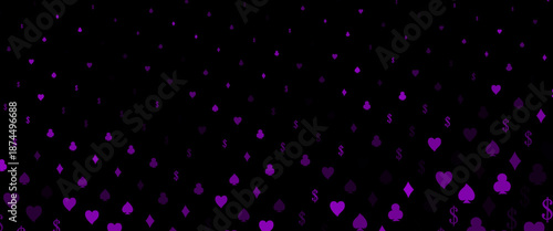 Dark purple vector pattern with symbol of cards. Colorful gradient with signs of hearts, spades, clubs, diamonds. Design for ad, poster, banner of gambling websites.