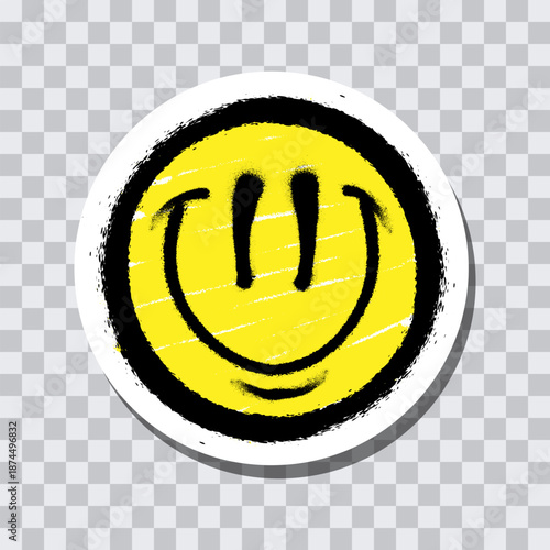 Graffiti emoticon. Smiling face painted spray paint on transparent background sticker. Vector illustration