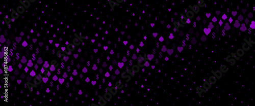 Dark purple vector pattern with symbol of cards. Colorful gradient with signs of hearts, spades, clubs, diamonds. Design for ad, poster, banner of gambling websites.