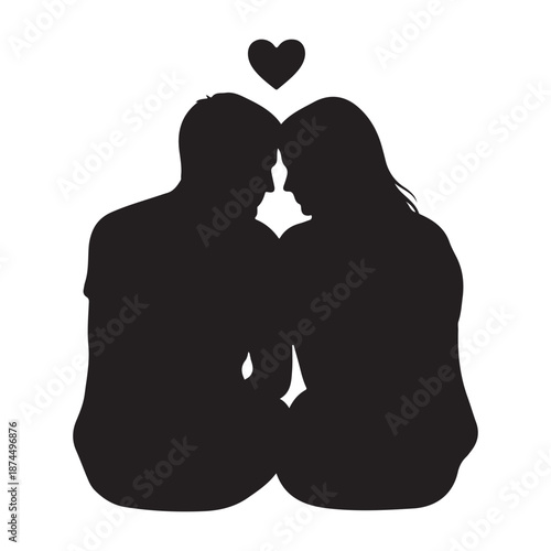 Romantic couple sitting together with heart silhouette love illustration