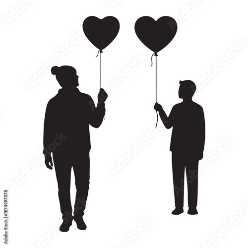 Two people sharing love with heart balloons silhouette art concept