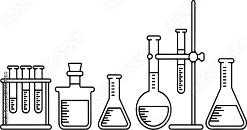 Chemistry Lab Line Icon Set  Test Tube, Beaker, and Flask