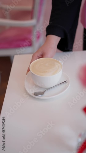 Wallpaper Mural Waiter puts a cup of cappuccino on the table. Coffee shop concept. Torontodigital.ca