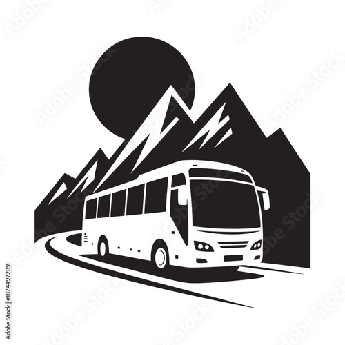 A white tour bus travels along a winding road between mountains