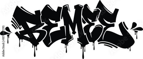 Black graffiti lettering with dripping paint effect on white background