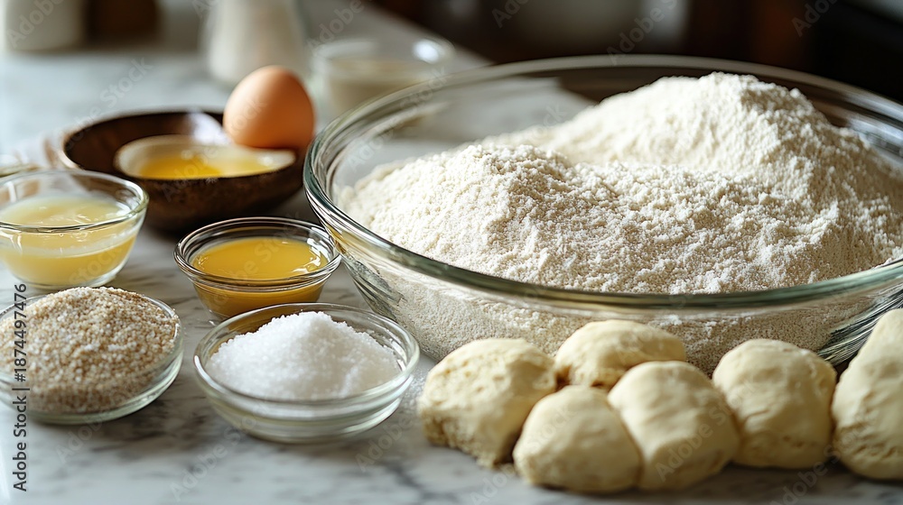 Fototapeta premium Flour, eggs, and other baking essentials displayed beautifully on a kitchen counter