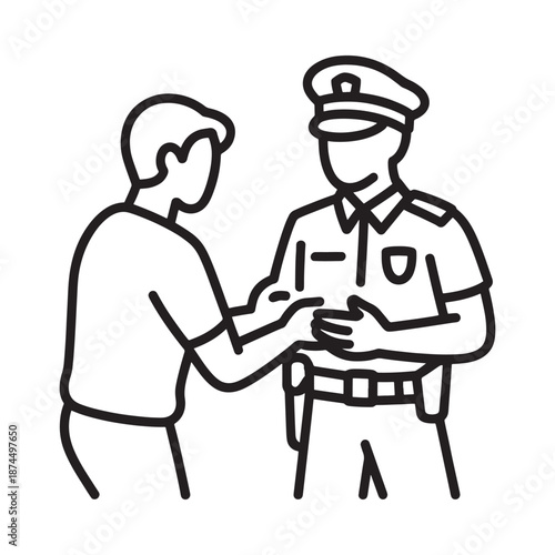 A police officer is giving a ticket or warning to a civilian