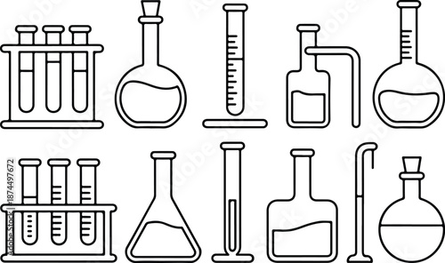 Chemistry Lab Line Icon Set  Test Tube, Beaker, and Flask