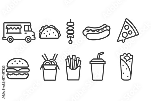 Food, fast food line icon set. Pizza, burger, taco, hotdog, linear icons collection