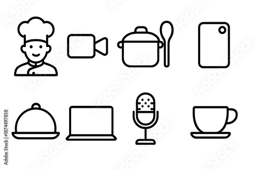 Cooking and technology outline icon set for kitchens and culinary tools