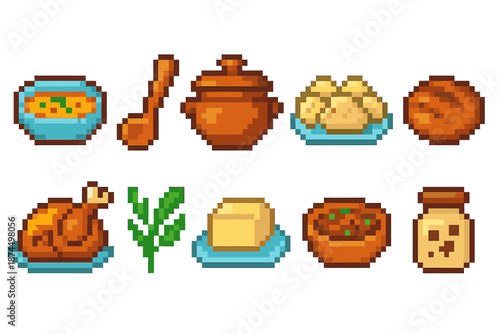 Pixel food icon set. Soup, bread, dinner icons in retro 8-bit style