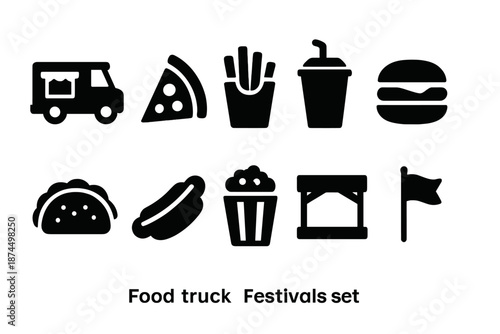 Food truck silhouette icon set: burger, pizza, fry, drink, taco, hotdog, stand, flag