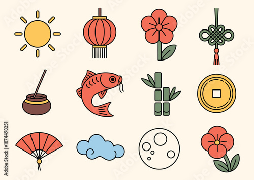 Isometric Lunar Icons, Lunar New Year Fresh Start Modern Flat Icon Set Featuring Golden Sun, Red Lantern, Blooming Flower, Jade Ornament, Incense Stick, Koi Swimming, and Bamboo 