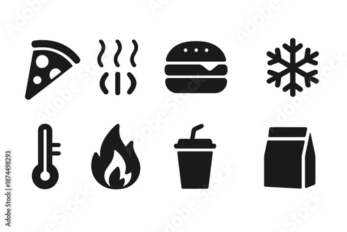 Fast food, temperature solid icon set. Burgers, pizza, fire, cold icons collection