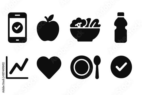 Wellness and fitness silhouette icon set: healthy living, nutrition, exercise symbols