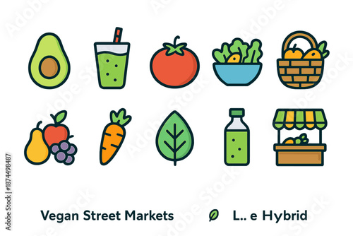Vegan street market icon set: flat style. Fresh produce, organic, and healthy icons.