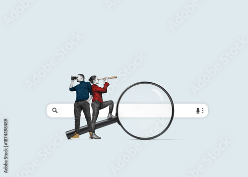 A young woman and man with a binoculars stands on a big magnifying glass. Isolated free search area. Searching for information on the internet concept.