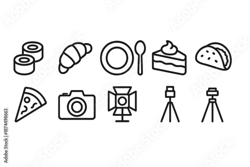 Food and photography line icon set. Culinary and camera outline symbols.