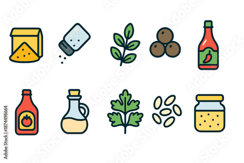 Spices and condiments flat icon set. Herbs, flavoring, culinary elements collection.