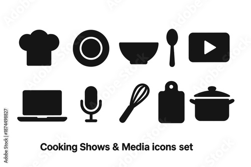 Cooking and media silhouette icon set. Culinary, broadcast symbols for chefs