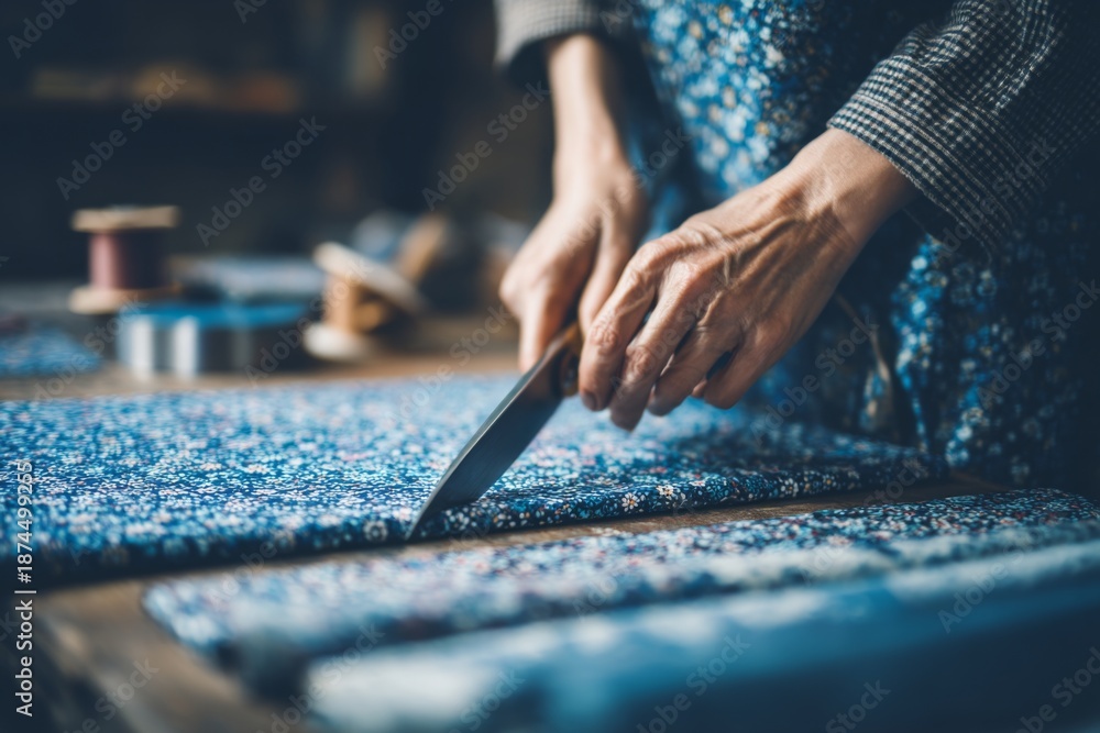 Obraz premium Close up shows hands precisely cutting vibrant blue fabric with a blade, preparing materials for a creative textile project.