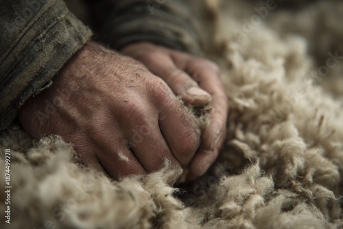 Close up of hands holding a pile of natural raw wool fleece. The detailed texture of the soft fiber is visible, ready for processing.