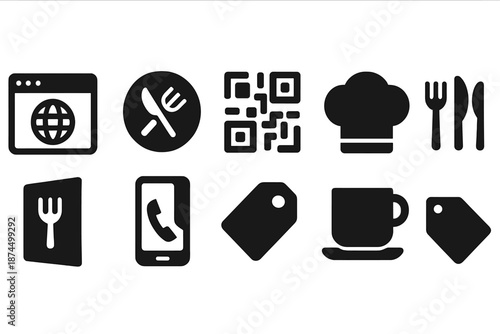 Restaurant and food silhouette icon set. Culinary, dining symbols in silhouette style.