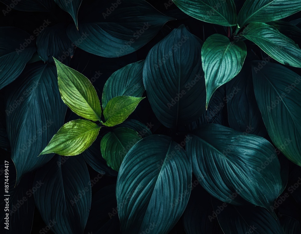 Fototapeta premium Green Tropical Leaves with Dark Background, Texture and Depth