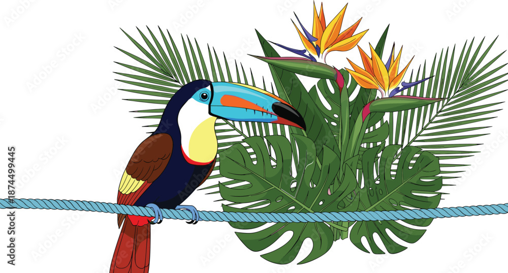 Obraz premium Colorful Tropical Toucan Bird Perched on Blue Rope with Lush Monstera Leaves and Bird of Paradise Flowers Isolated on White Background for Exotic Nature Design