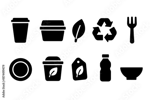 Eco-friendly, sustainable silhouette icon set. Recycling, packaging icons for sustainability