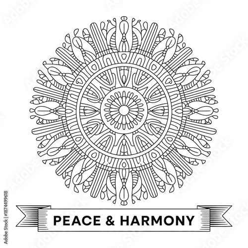 Intricate black and white mandala design with floral and geometric patterns peace and harmony