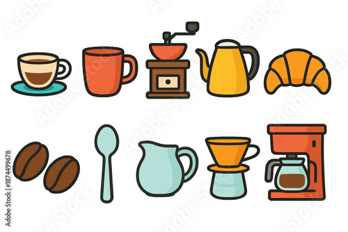 Coffee, beverage flat icon set. Cafe, drink, brewing tools icons collection