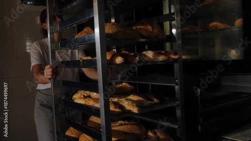 Baker loading freshly baked artisan bread onto industrial metal racks and moving around bakery space. Transferring hot loaves for cooling in a professional bakery production process. Freshly baked.