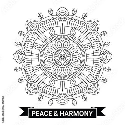 Intricate black and white mandala design with floral motifs and a peace banner below