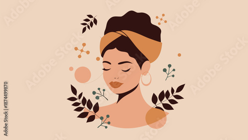 Serene woman with closed eyes surrounded by natural elements
