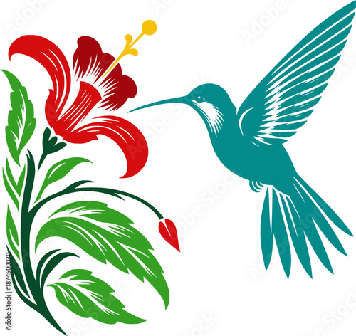 Stylized tropical bird colibri feeding on red flower graphic