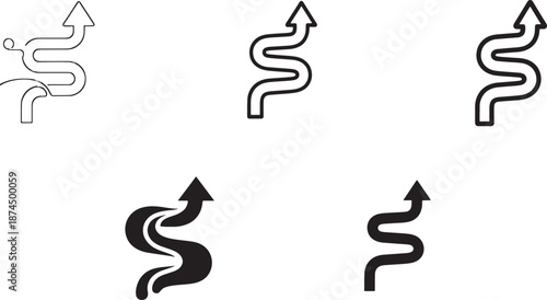 Six variations of a winding arrow icon symbolizing challenge and forward direction. Vector