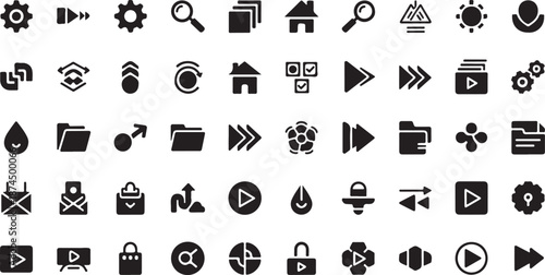 Black Flat Multimedia and Media Player Interface Icons Set Featuring Audio, Video, Playback, and Control Symbols on White Background