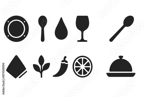 Restaurant and dining silhouette icon set: kitchen, food, drink, and more