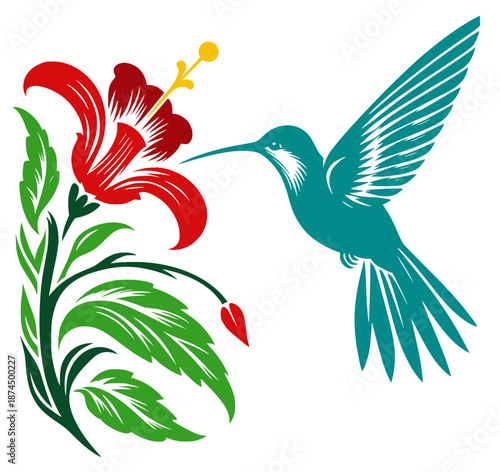 Stylized tropical bird colibri feeding on red flower graphic