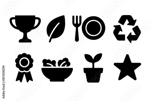 Eco-friendly solid icon set: sustainability, recycling, green living, nature