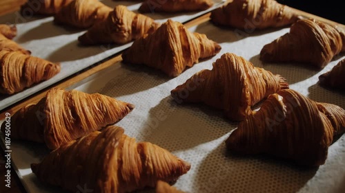 Freshly baked, crispy morning croissants sit on a wooden table in the bakery, cooling in the sun. Artisan pastries in a small bakery.