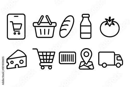 Grocery shopping line icon set. Retail, food, and delivery icons in line style