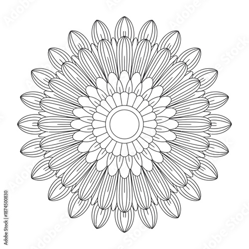 Intricate black and white floral mandala design featuring detailed petals and a circular center