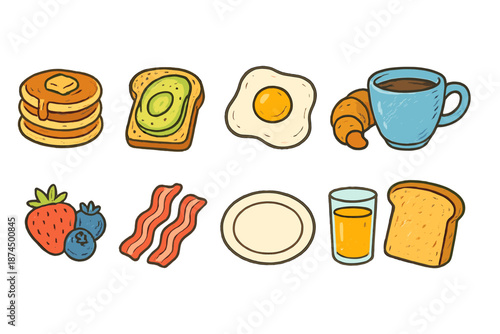 Breakfast food icon set in a flat style for cafes and recipe apps