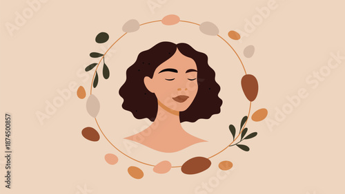 Serene woman with closed eyes surrounded by leaves and flowers