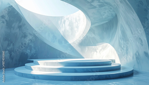 minimalist empty podium stage setting with a curved concrete wall and floor