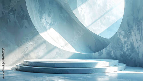 minimalist empty podium stage setting with a curved concrete wall and floor