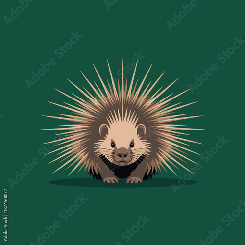Prickly porcupine facing forward with its long sharp quills flared out defensively against a solid dark green background.